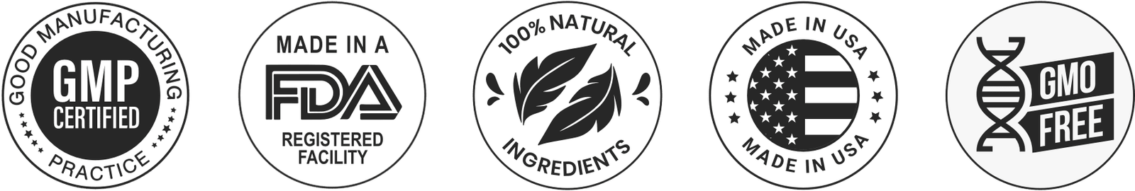 Product Certifications - GMP, FDA, 100% Natural, Made in USA, GMO Free
